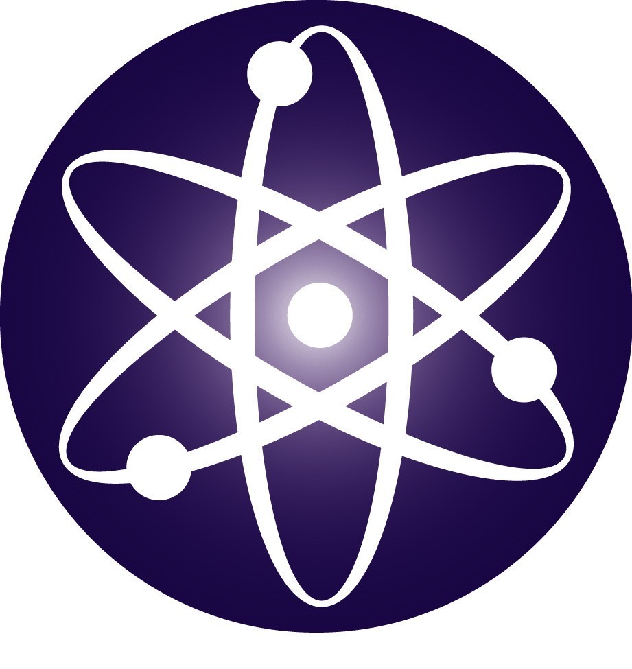 White molecule with purple background.