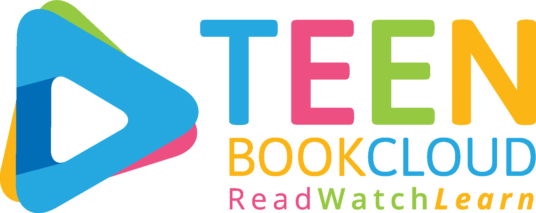 Teen Book Cloud logo, read, watch, learn with multicolor triangle. 