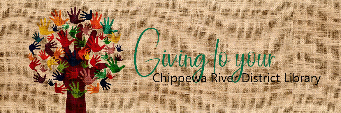 Giving to Chippewa River District Library tree with multicolor hand prints.