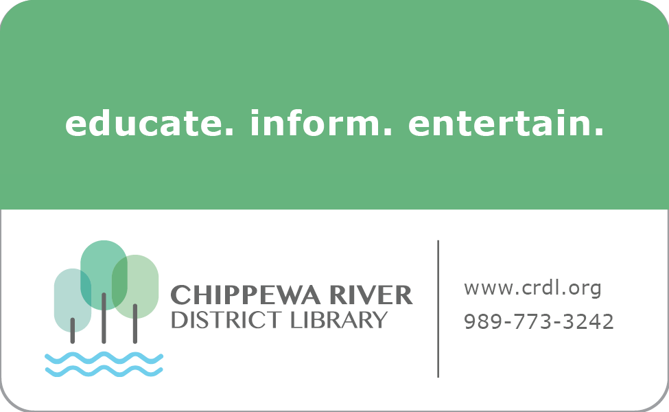 Chippewa River District Library, library card, green and white with tree logo. 