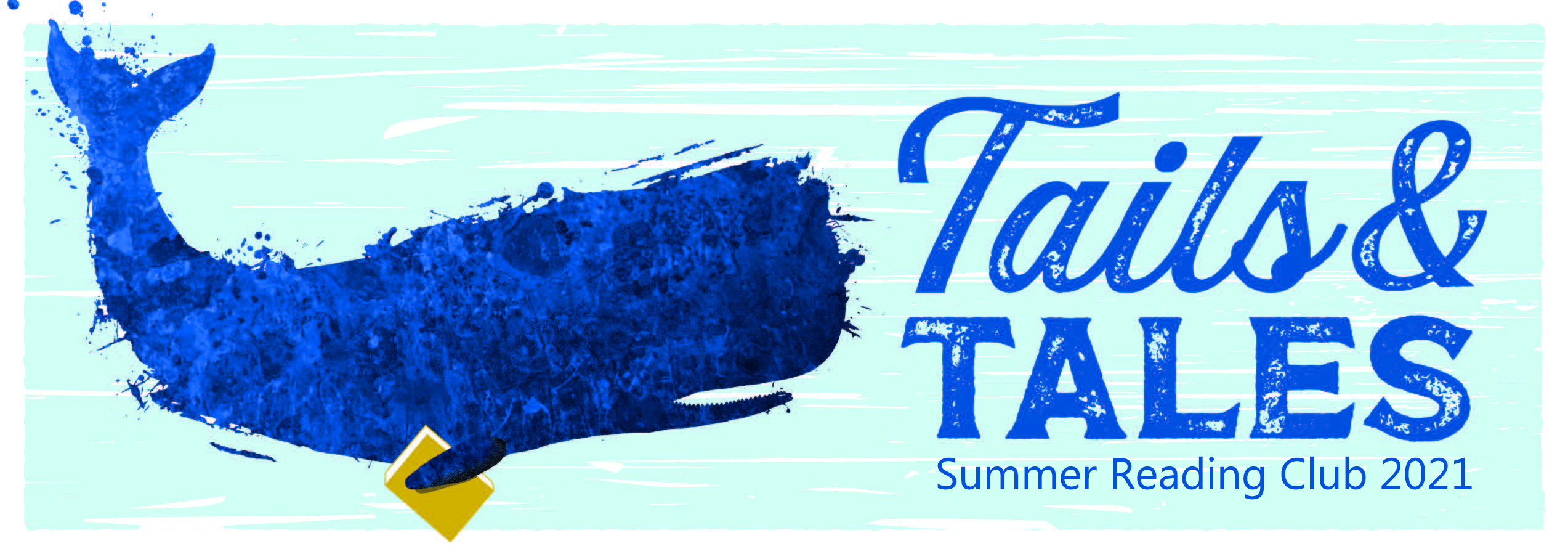 Tails & Tales summer reading club 2021 with blue whale holding book. 