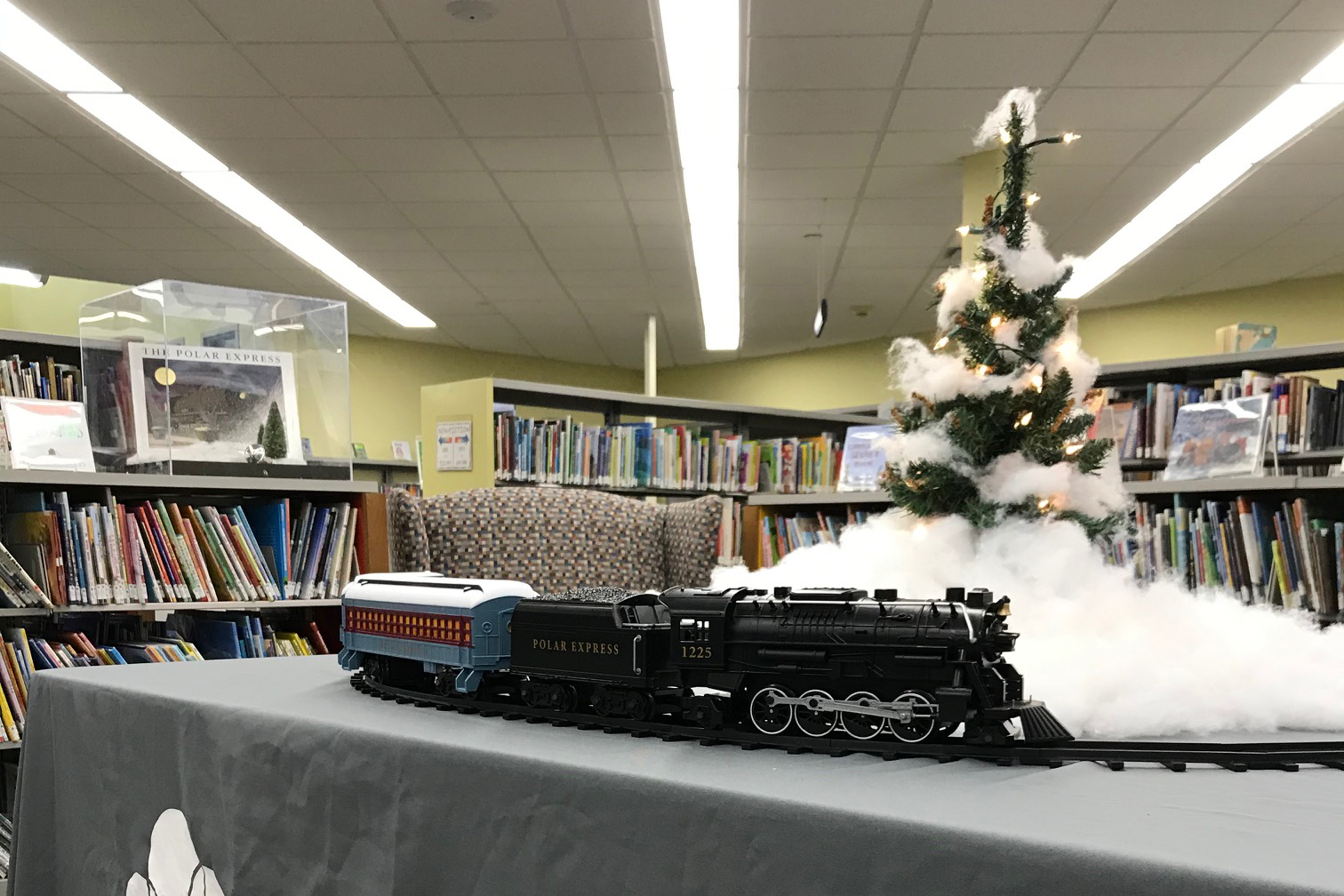 Polar Express train in the childrens area of Veterans Memorial Library