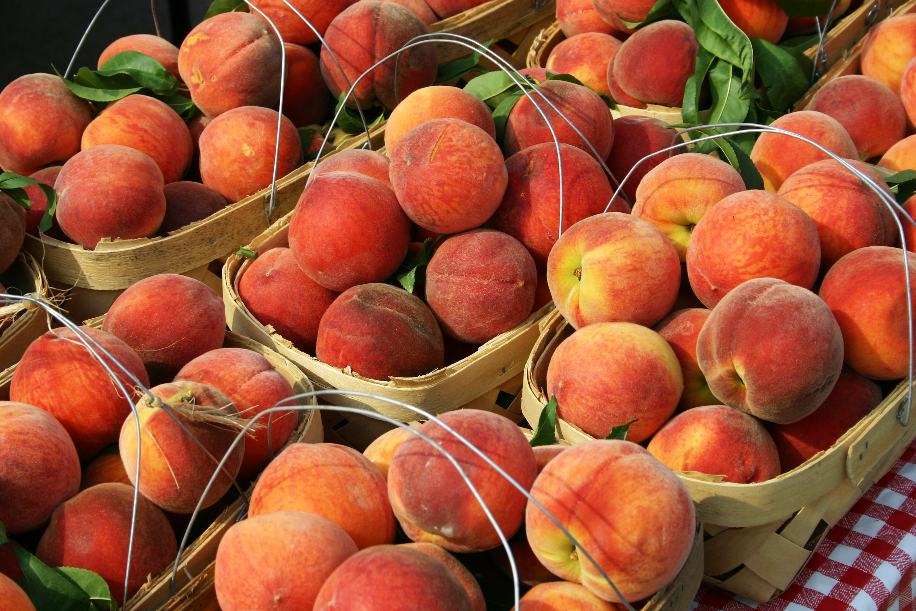 Image of peaches in baskets on a table