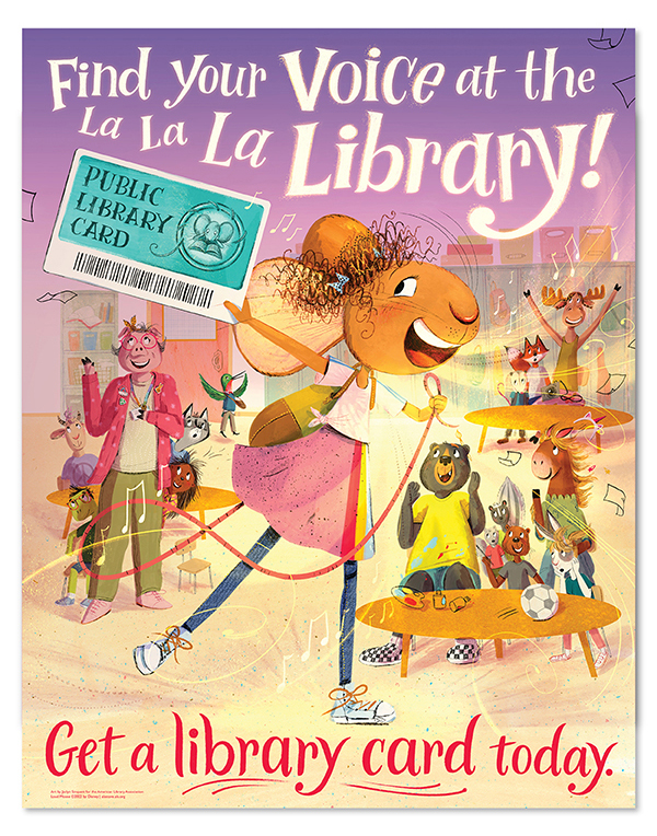 Image of mouse character holding a library card "Find your voice at the la la la Library. Get a Library Card today."