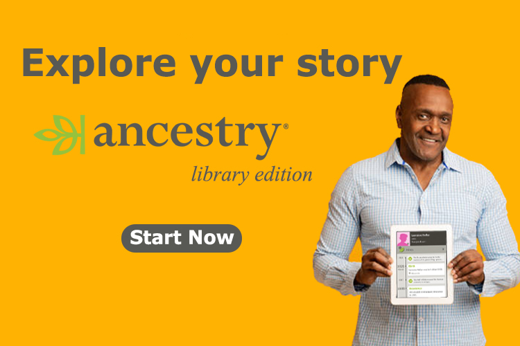 Image of man holding tabalet "Access from Home." Ancestry logo.