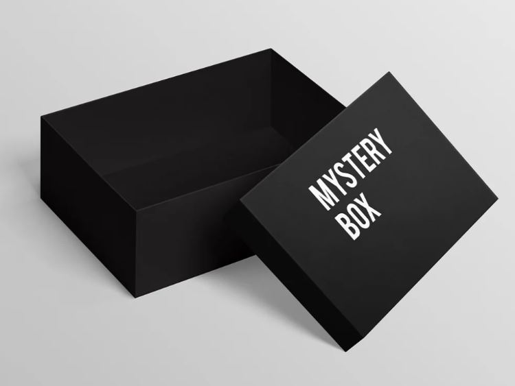 Image of empty black box with lid off that says Myster Box.