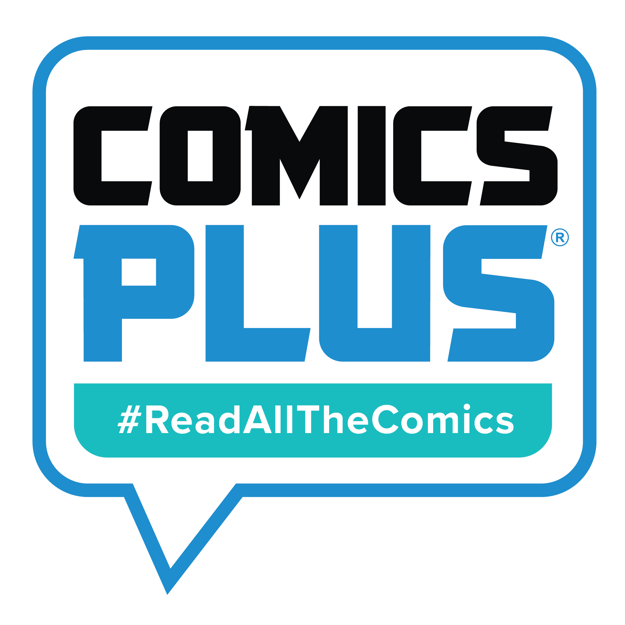 Image of word bubble "ComicsPlus hash tag Read All The Comics"