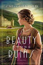 Beauty Among Ruins book cover. Woman looking back at castle in purple dress.