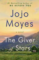The Giver of Stars, by Jojo Moyes book cover. Orange sunset over mountains.