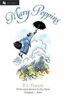 Mary Poppins by P.L. Travers book cover with Woman flying with umbrella and satchel.