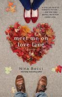 Meet Me On Love Lane by Nina Bocci book cover. Heart made of autumn leaves and two pairs of feet. 