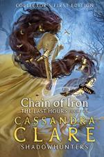 Cover of Chain of Iron, blue background, gold dress and lettering