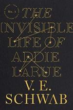Invisible Life of Addie La Rue cover, black background, light yellow letter with constellation