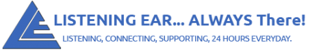 Listening Ear, Always There! Listening, Connecting, Supporting, 24 Hours EveryDay, with blue triangle. 