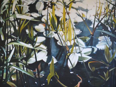 Oil painting with realistic forms of water plants.