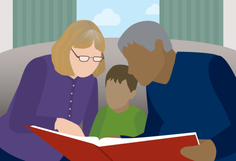 Illustration of a child Reading with Seniors