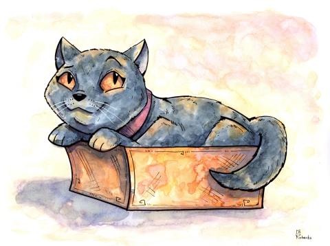 Illustration of a cat in a box.