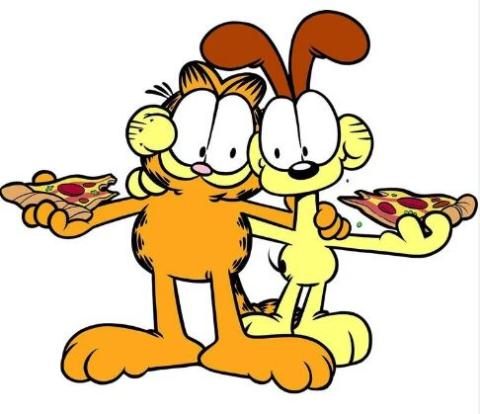 Image of Garfield and Odie eating pizza.
