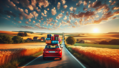 Image of car with luggage on top driving into the sunset.