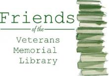 Friends of the Veterans Memorial Library logo with stack of green books. 